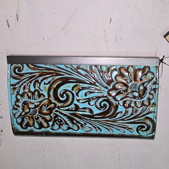 Patricia Nash NWT CAUCHY Wallet Italian Leather Tooled Turquoise Brown NEW - Picture 5 of 12